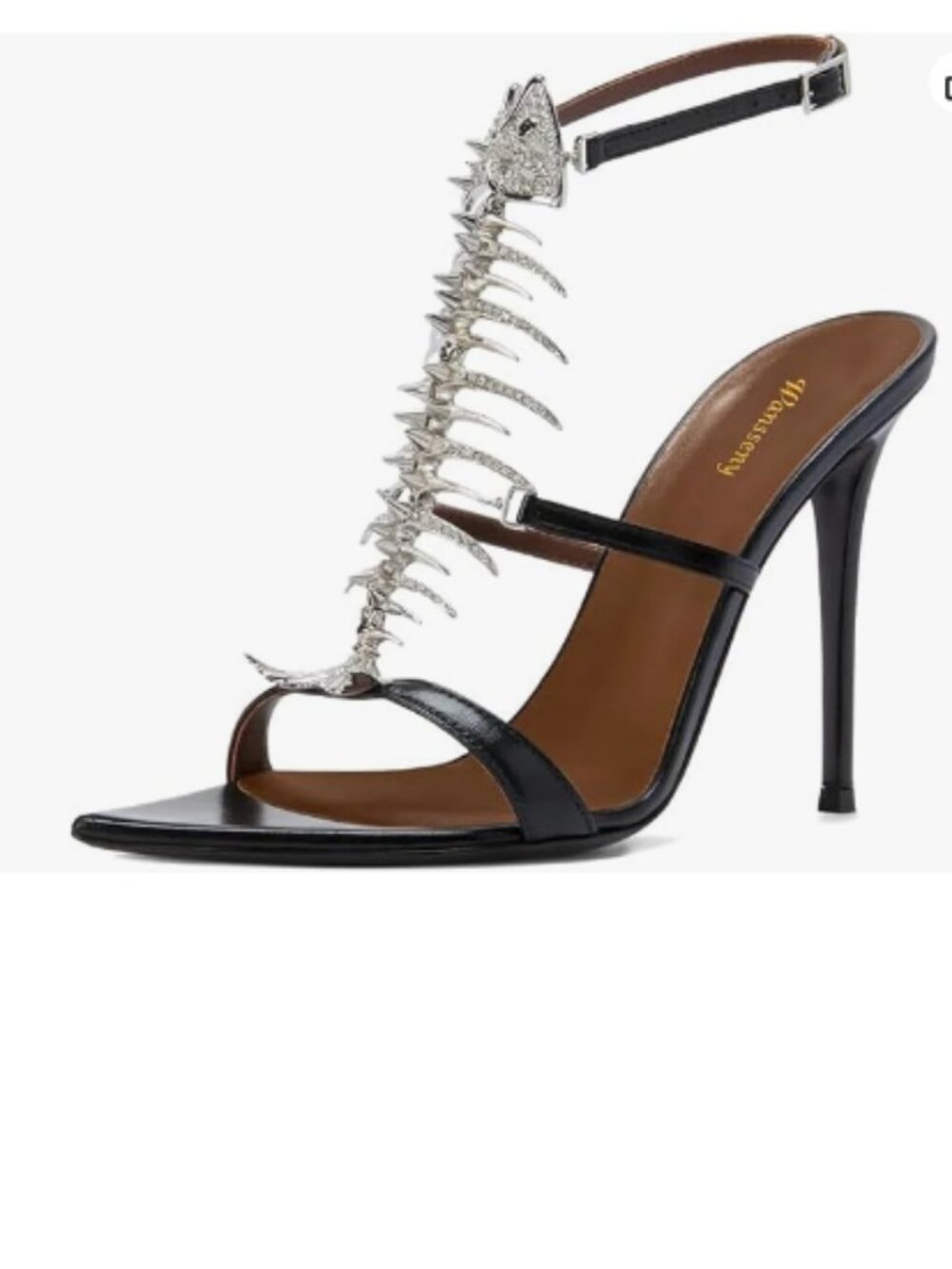 Wansseny Black Open Pointed Toe Fishbone Rhinestone Ankle Strap Buckle Sandals